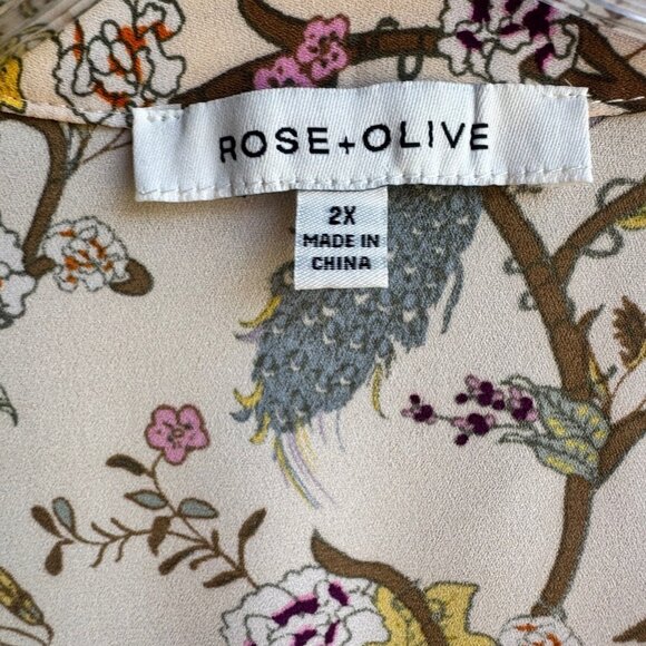 Rose+Olive 3/4 Sleeve 1/2 Button V-Neck Floral Blouse Women's Size 2X. - Picture 3 of 8